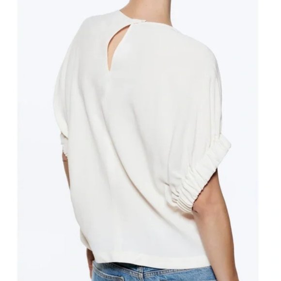 ZARA White Ruched Cocoon Sleeve Blouse - Picture 3 of 7